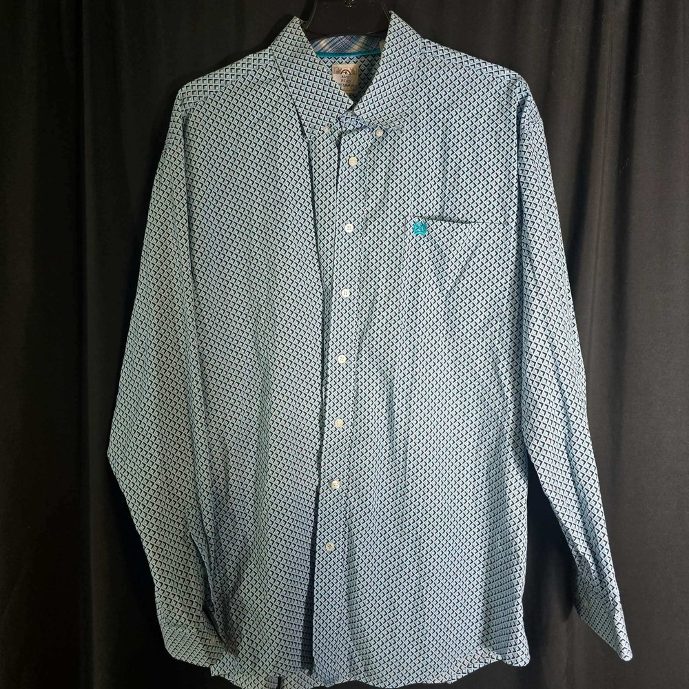 Cinch Mens XL Blue Geometric Diamond Print Cotton Western Button Down Shirt